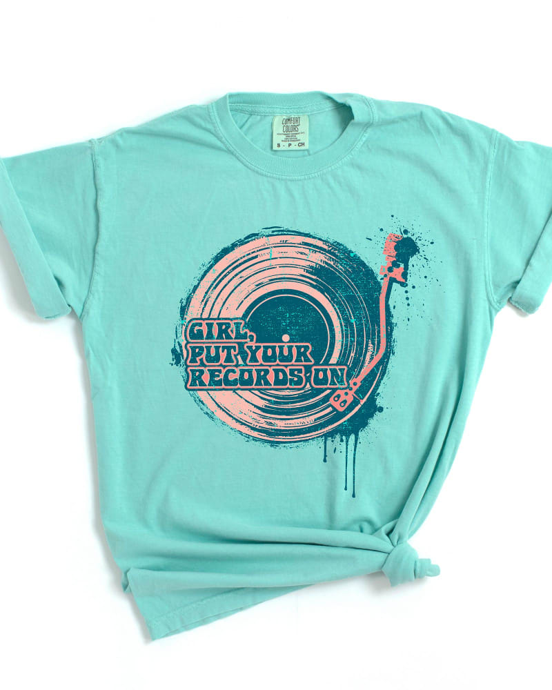 Front of a model wearing a size XL Girl Put Your Records On Short Sleeve Graphic Tee in Blush by Simply Sage Market. | dia_product_style_image_id:301163